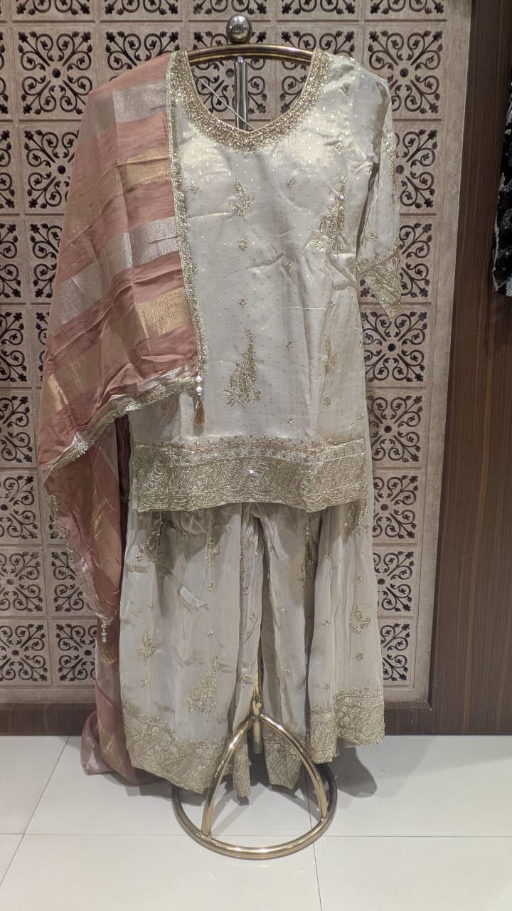 Ivory Simmer Silk Pakistani Palazzo Suit with Contrast Rose Gold Dupatta.