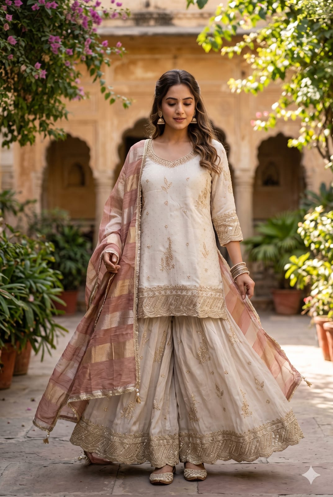 Ivory Simmer Silk Pakistani Palazzo Suit with Contrast Rose Gold Dupatta.