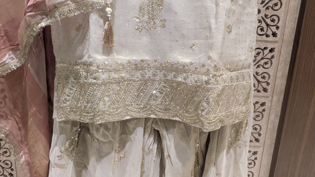 Ivory Simmer Silk Pakistani Palazzo Suit with Contrast Rose Gold Dupatta.
