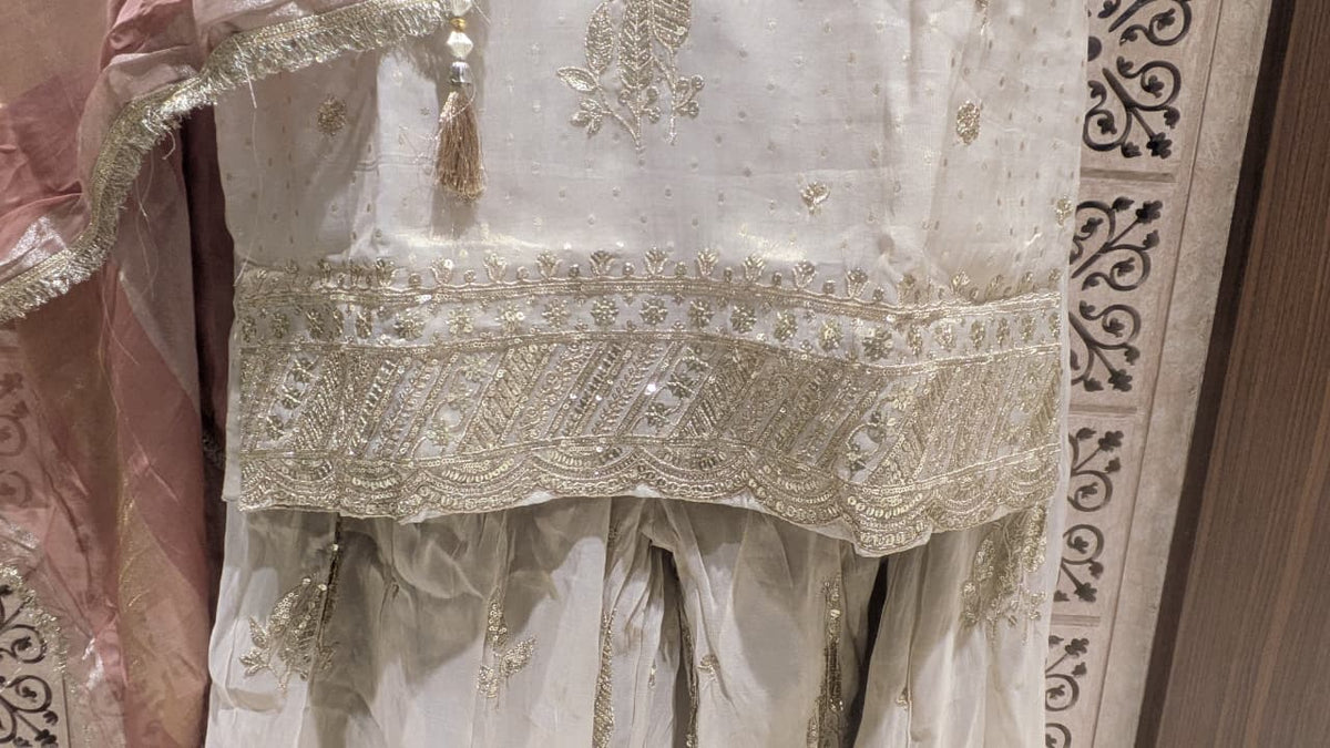 Ivory Simmer Silk Pakistani Palazzo Suit with Contrast Rose Gold Dupatta.