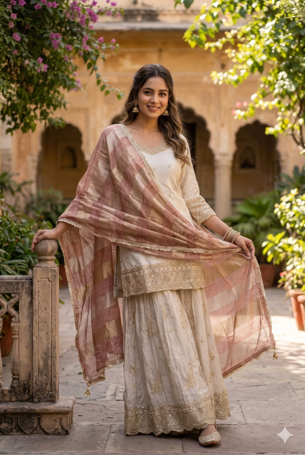 Ivory Simmer Silk Pakistani Palazzo Suit with Contrast Rose Gold Dupatta.