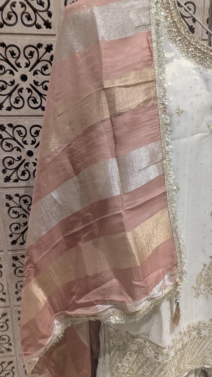 Ivory Simmer Silk Pakistani Palazzo Suit with Contrast Rose Gold Dupatta.