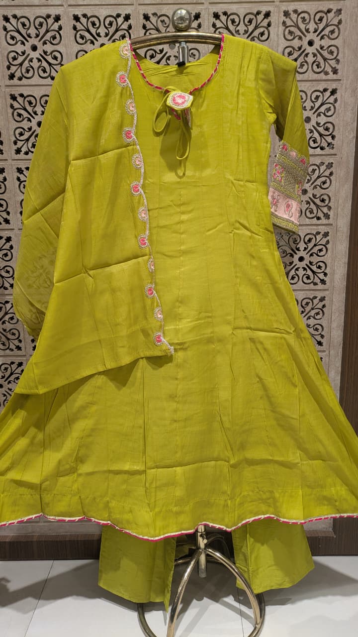 Olive Lime Mul Cotton Anarkali with Embroidered Kurta and Dupatta.