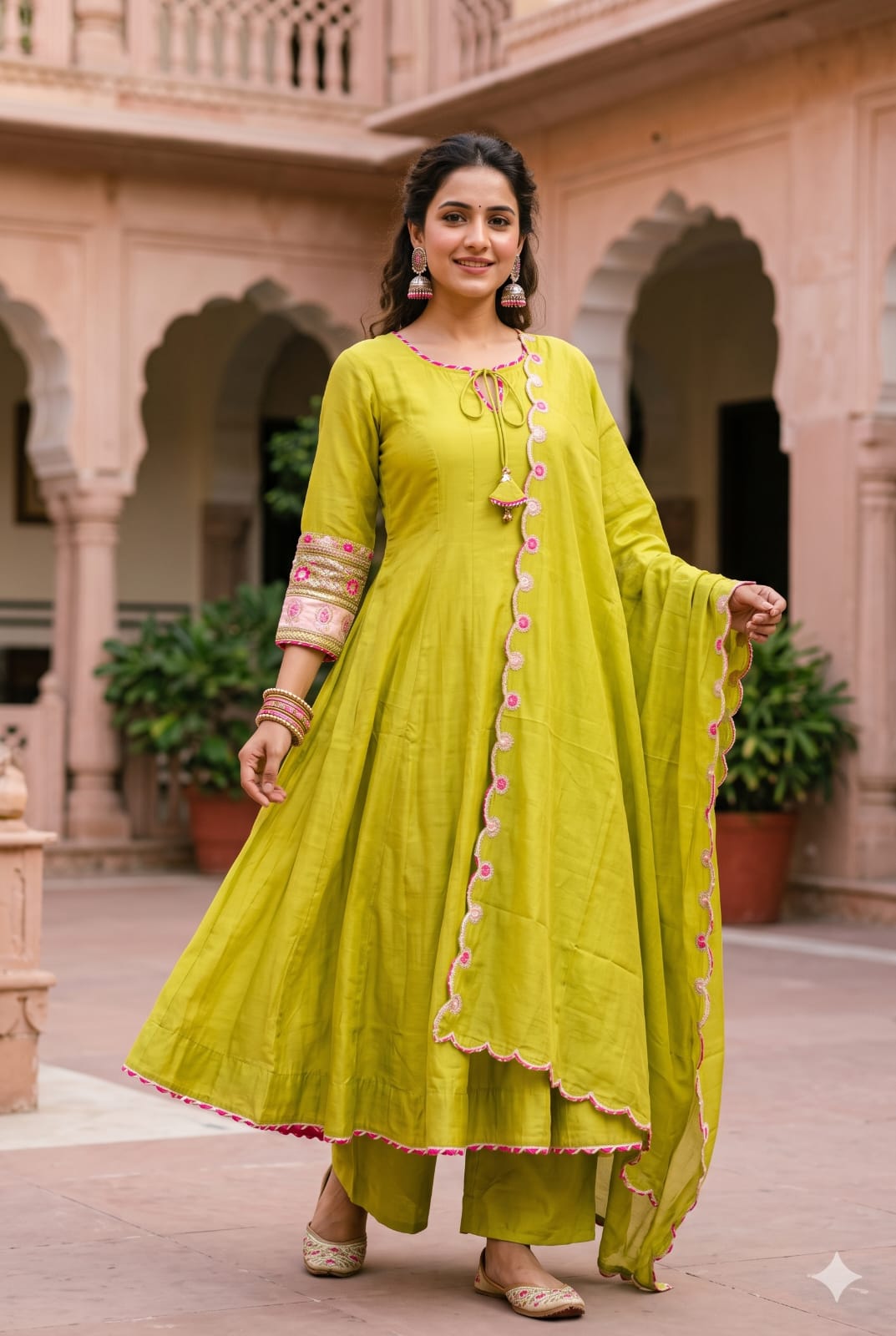 Olive Lime Mul Cotton Anarkali with Embroidered Kurta and Dupatta.