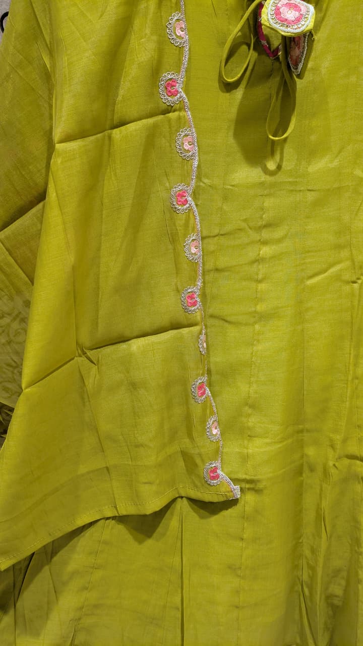 Olive Lime Mul Cotton Anarkali with Embroidered Kurta and Dupatta.