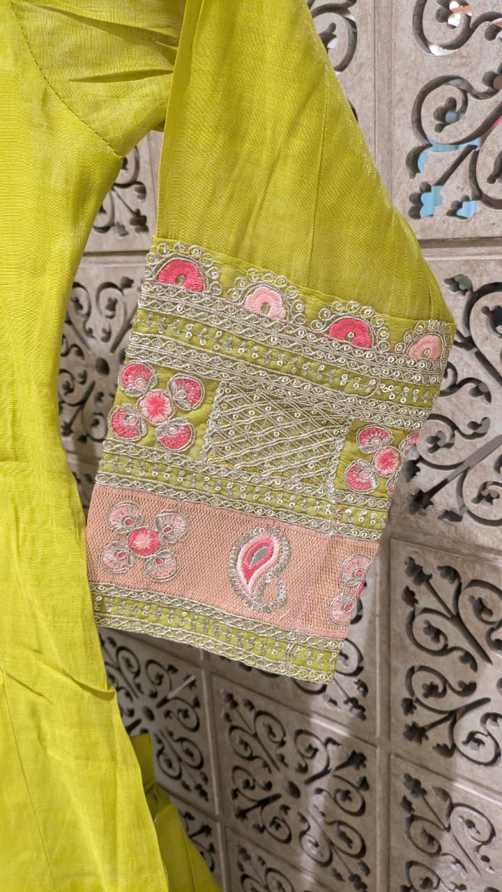 Olive Lime Mul Cotton Anarkali with Embroidered Kurta and Dupatta.