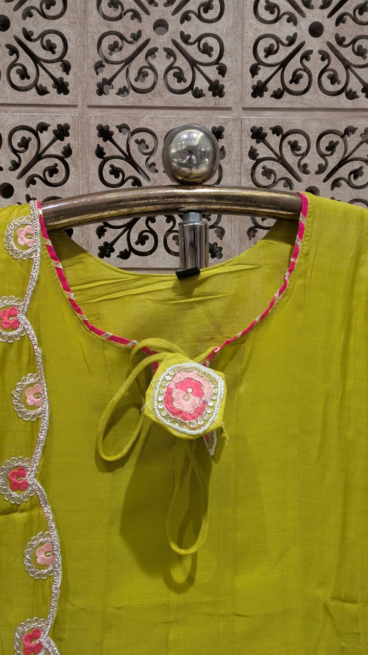 Olive Lime Mul Cotton Anarkali with Embroidered Kurta and Dupatta.