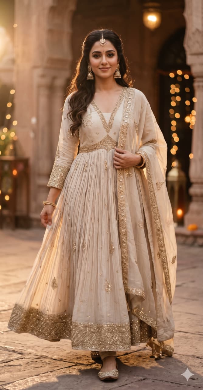 Ivory Simmer Silk Gown with Intricate Gold Zardozi.