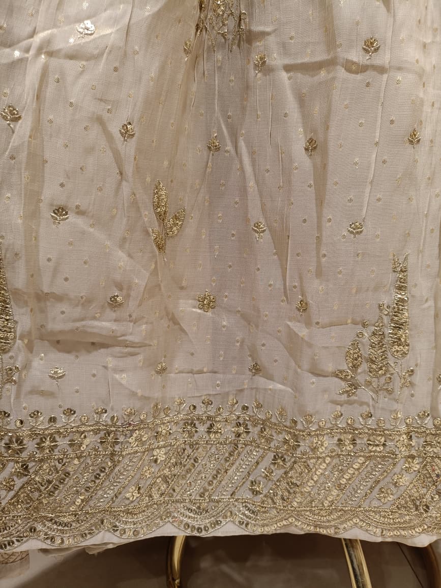 Ivory Simmer Silk Gown with Intricate Gold Zardozi.
