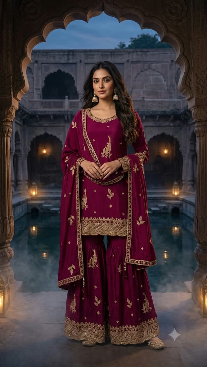 Deep Maroon Heavily Embellished Kurta and Flared Palazzo Ensemble.