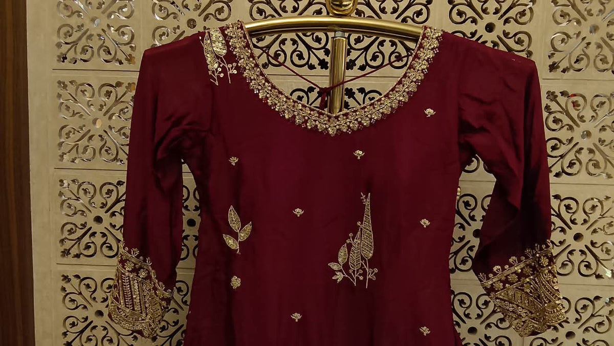 Deep Maroon Heavily Embellished Kurta and Flared Palazzo Ensemble.