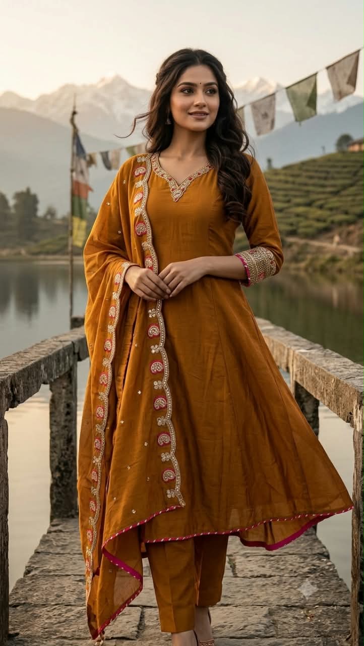 Mehendi Green Flared Mul Chanderi Anarkali Kurta and Pant Set.