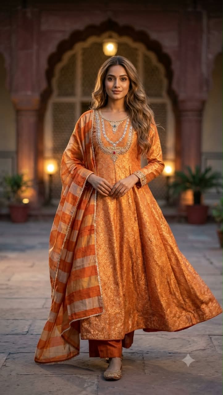 Mustard Yellow Silk Anarkali with Jewel-Encrusted Yoke Set.