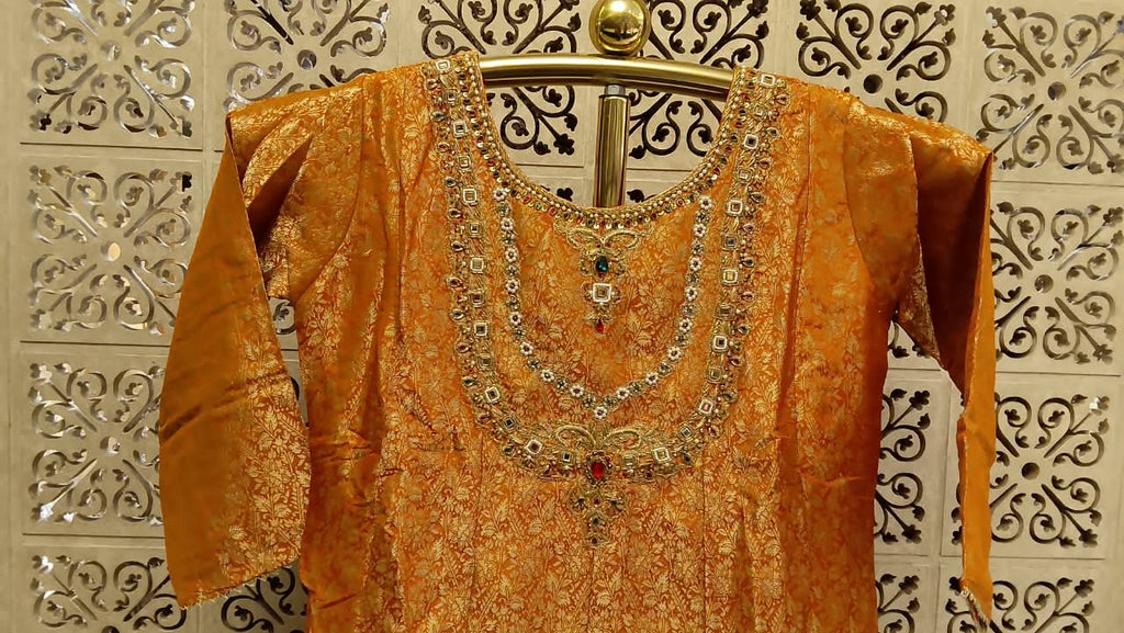 Mustard Yellow Silk Anarkali with Jewel-Encrusted Yoke Set.