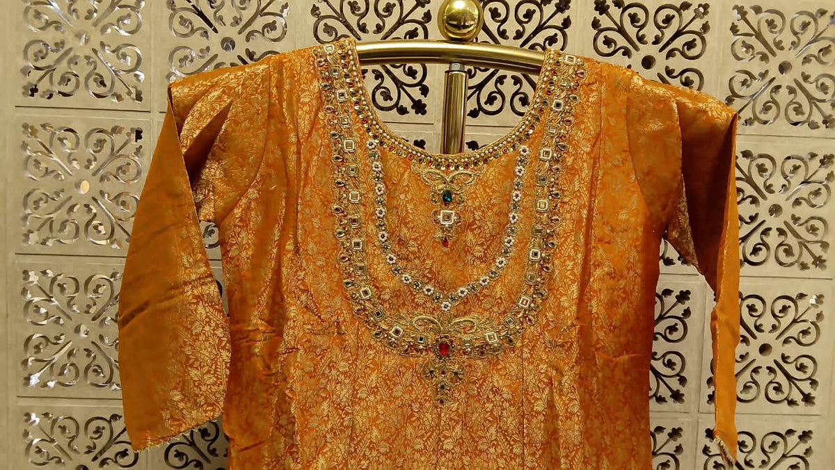 Mustard Yellow Silk Anarkali with Jewel-Encrusted Yoke Set.