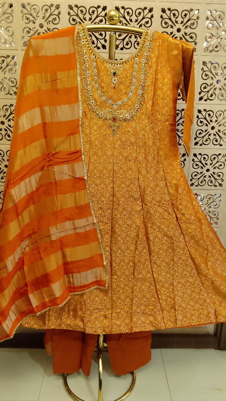 Mustard Yellow Silk Anarkali with Jewel-Encrusted Yoke Set.