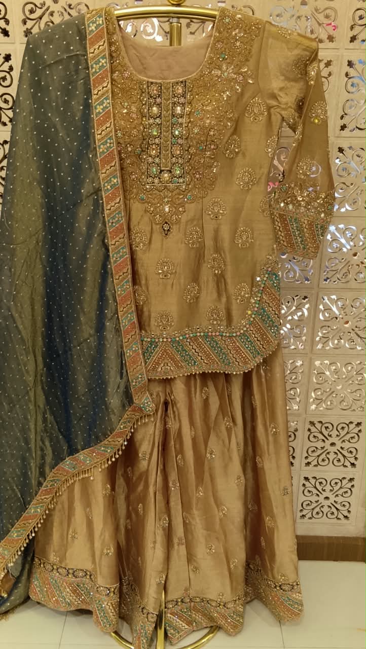 Beige-Gold Pakistani Palazzo Suit with Contrast Teal Dupatta.