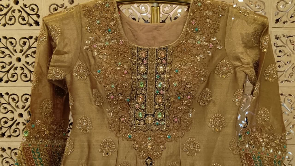 Beige-Gold Pakistani Palazzo Suit with Contrast Teal Dupatta.