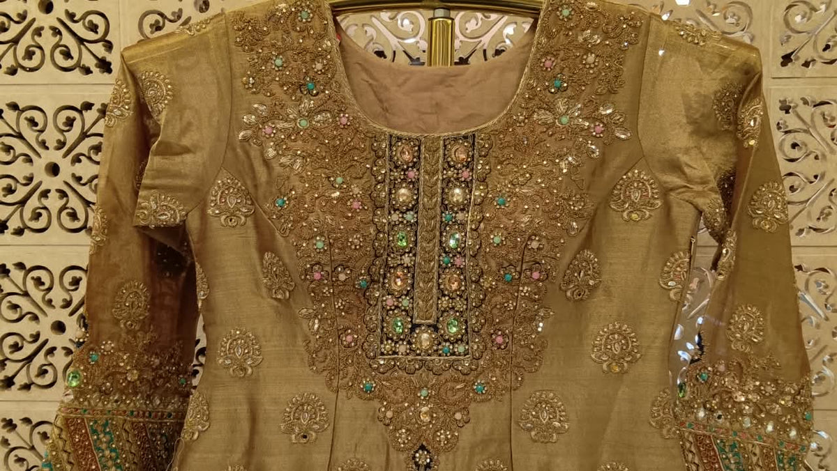 Beige-Gold Pakistani Palazzo Suit with Contrast Teal Dupatta.