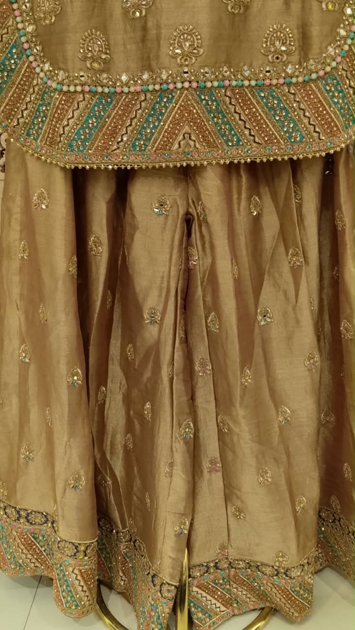 Beige-Gold Pakistani Palazzo Suit with Contrast Teal Dupatta.