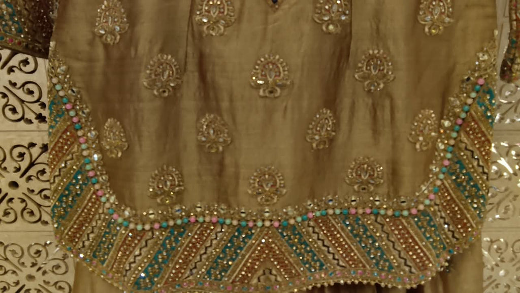Beige-Gold Pakistani Palazzo Suit with Contrast Teal Dupatta.