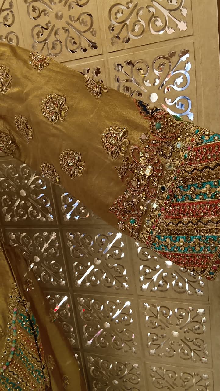 Beige-Gold Pakistani Palazzo Suit with Contrast Teal Dupatta.