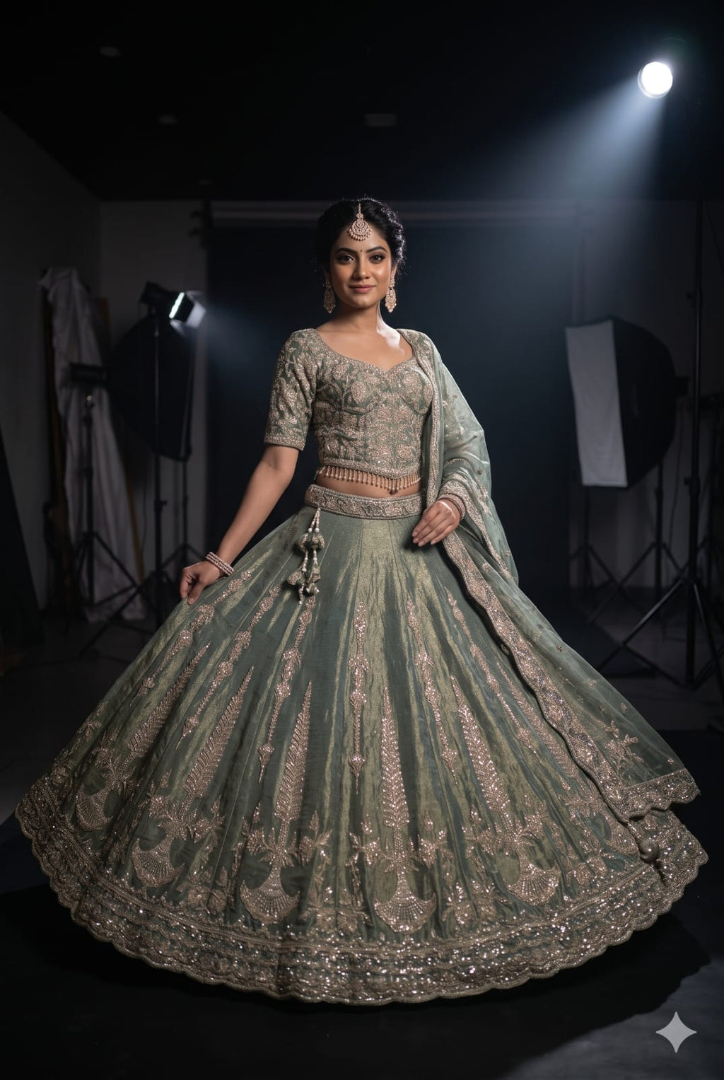 Sage Green & Antique Gold Heavily Embellished Simmer Silk Bridal Lehenga Set.