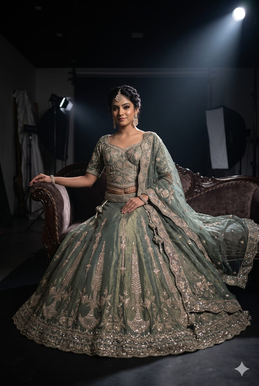 Sage Green & Antique Gold Heavily Embellished Simmer Silk Bridal Lehenga Set.
