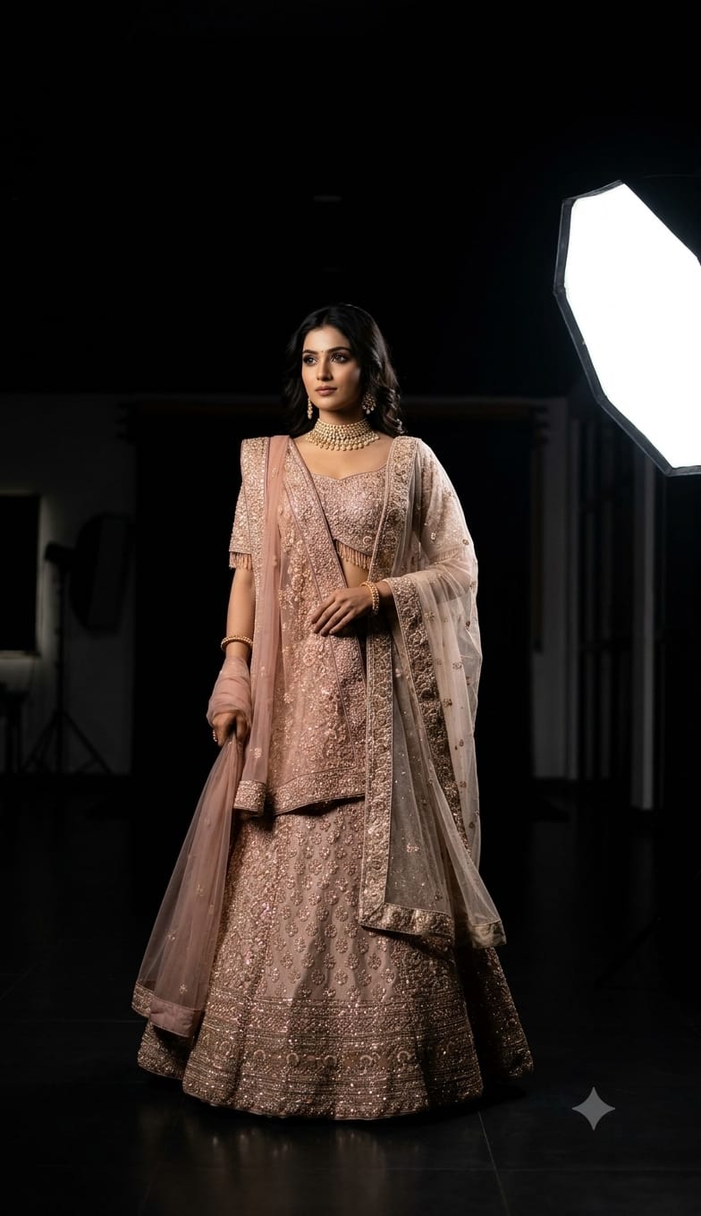 Premium Dusty Rose Pink Simmer Silk Bridal Lehenga with Hand Zardozi Borders.