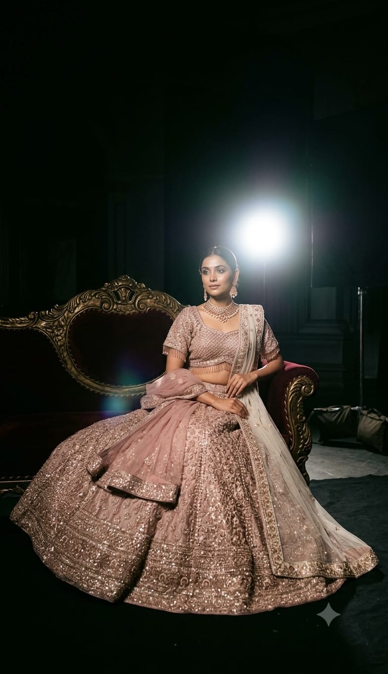 Premium Dusty Rose Pink Simmer Silk Bridal Lehenga with Hand Zardozi Borders.