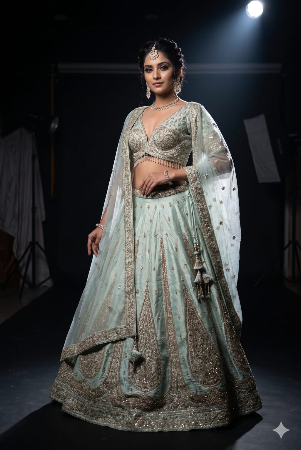 Premium Hand-Embellished Mint Simmer Silk Bridal Ensemble with Paisley Borders.