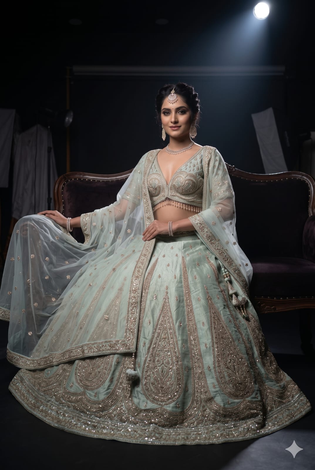 Premium Hand-Embellished Mint Simmer Silk Bridal Ensemble with Paisley Borders.