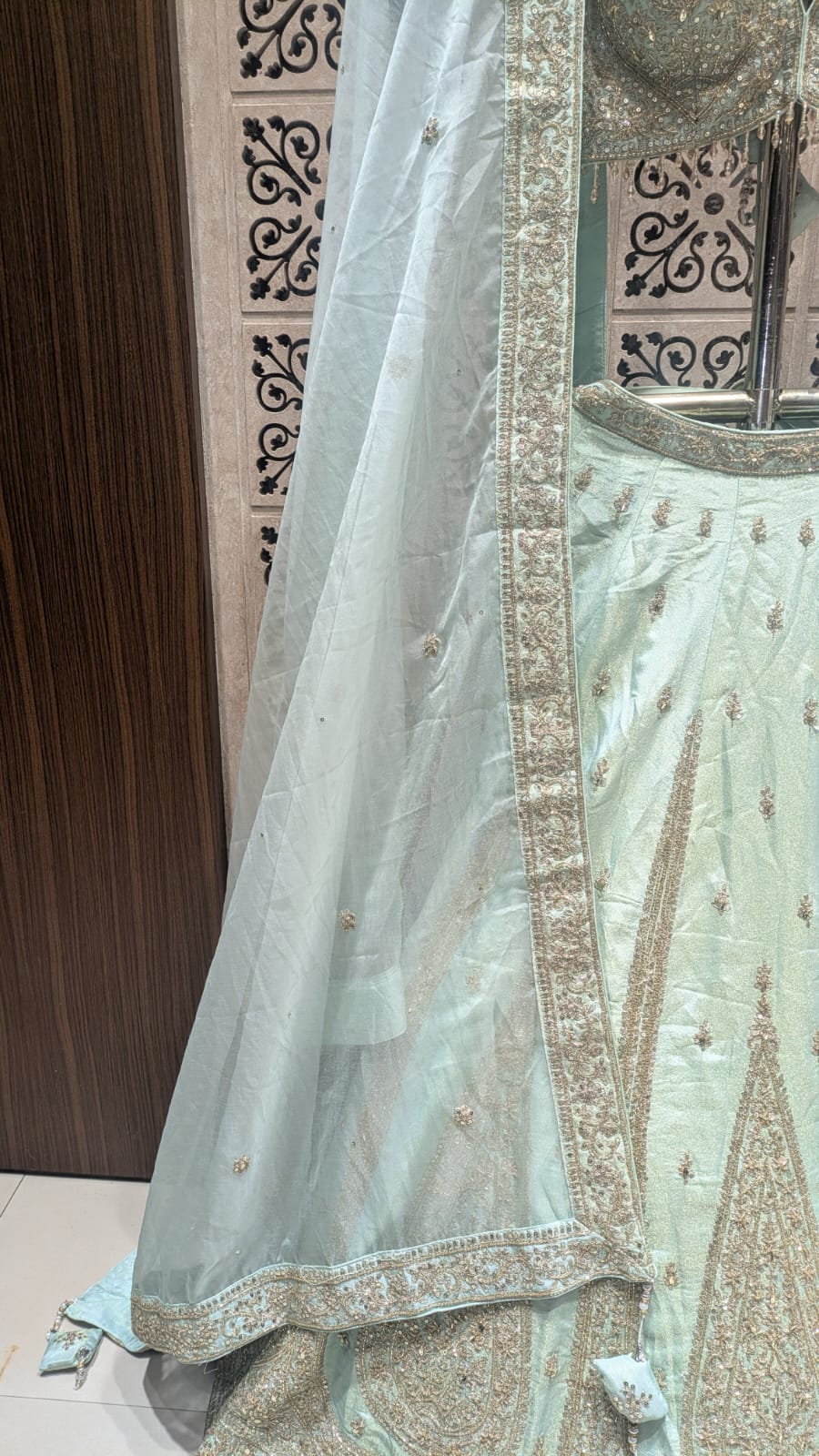 Premium Hand-Embellished Mint Simmer Silk Bridal Ensemble with Paisley Borders.