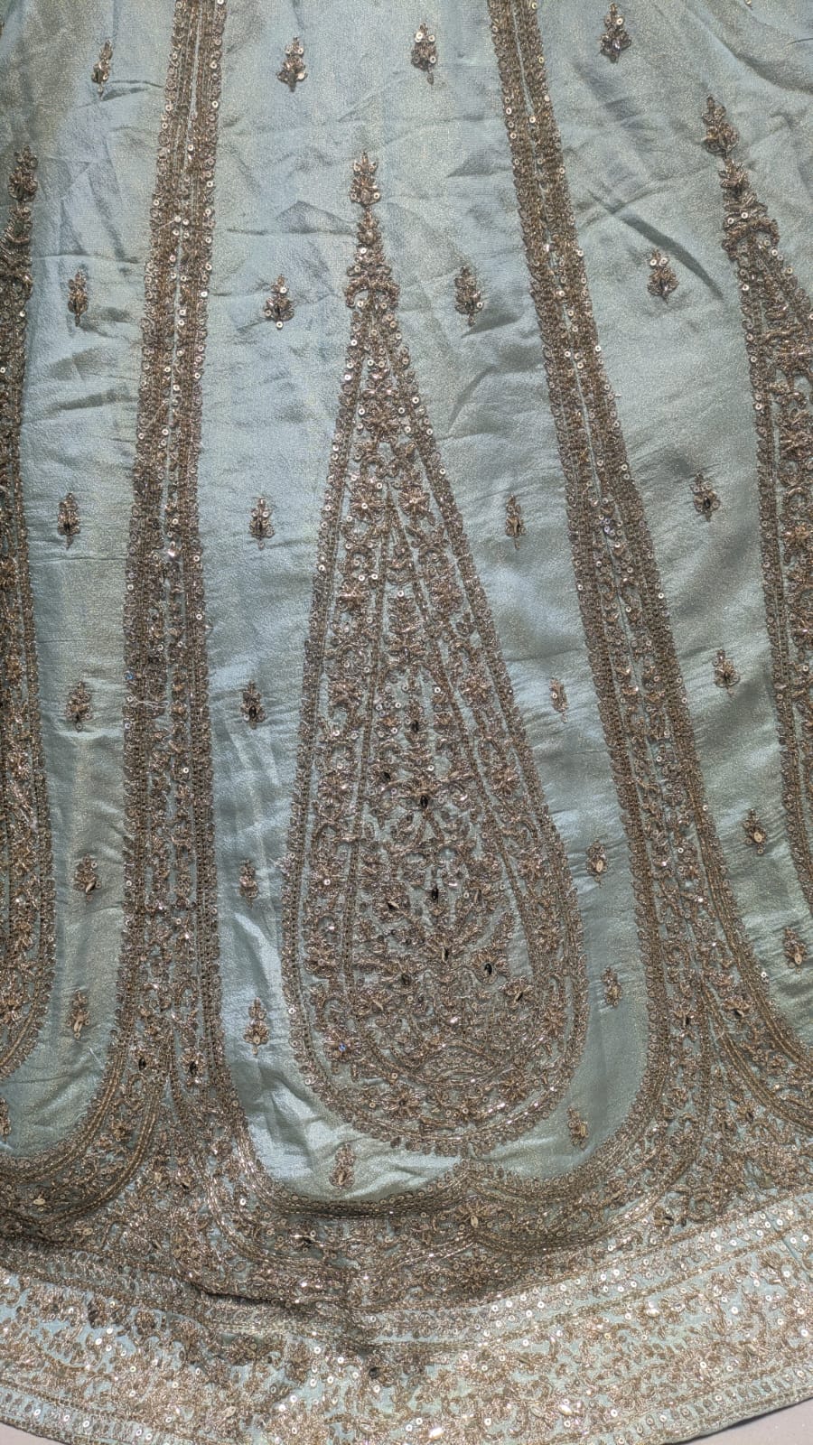 Premium Hand-Embellished Mint Simmer Silk Bridal Ensemble with Paisley Borders.