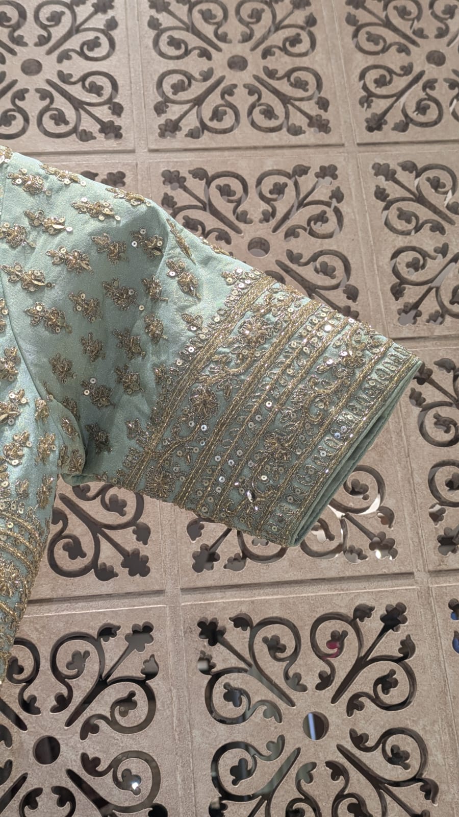 Premium Hand-Embellished Mint Simmer Silk Bridal Ensemble with Paisley Borders.