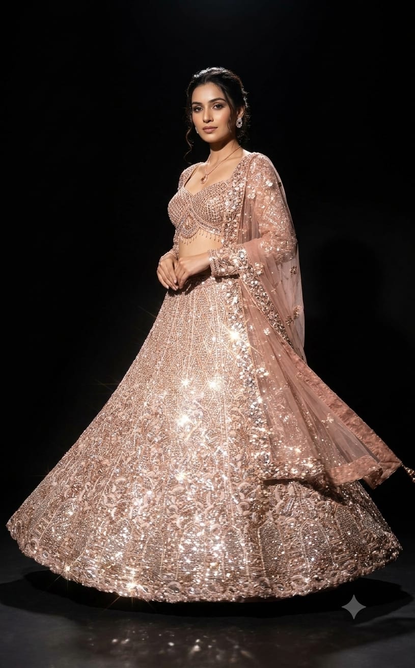 Rose Gold Bridal Lehenga with Heavy Zardozi and Sequin Hand Work.