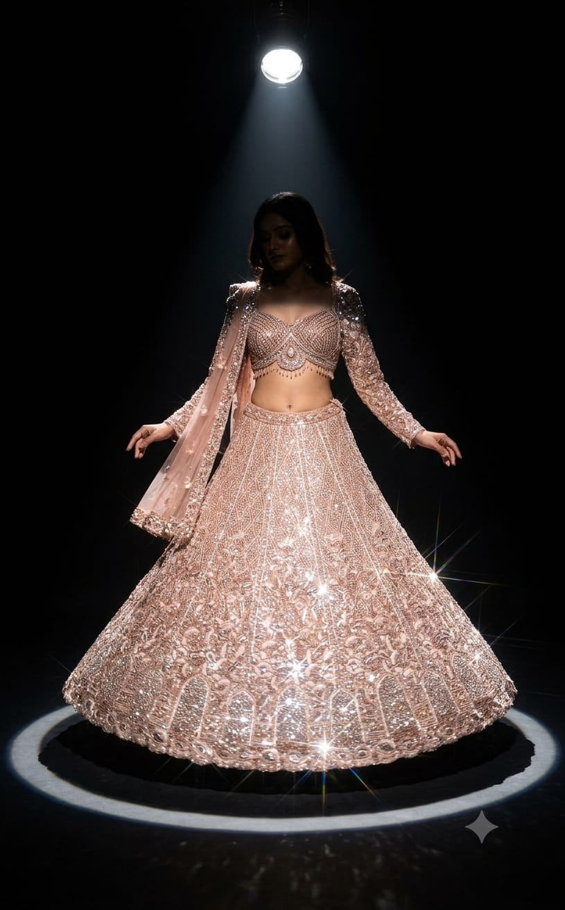 Rose Gold Bridal Lehenga with Heavy Zardozi and Sequin Hand Work.