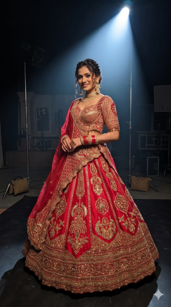 Crimson Red Silk Bridal Lehenga with Heavy Zardozi & Panel Work.