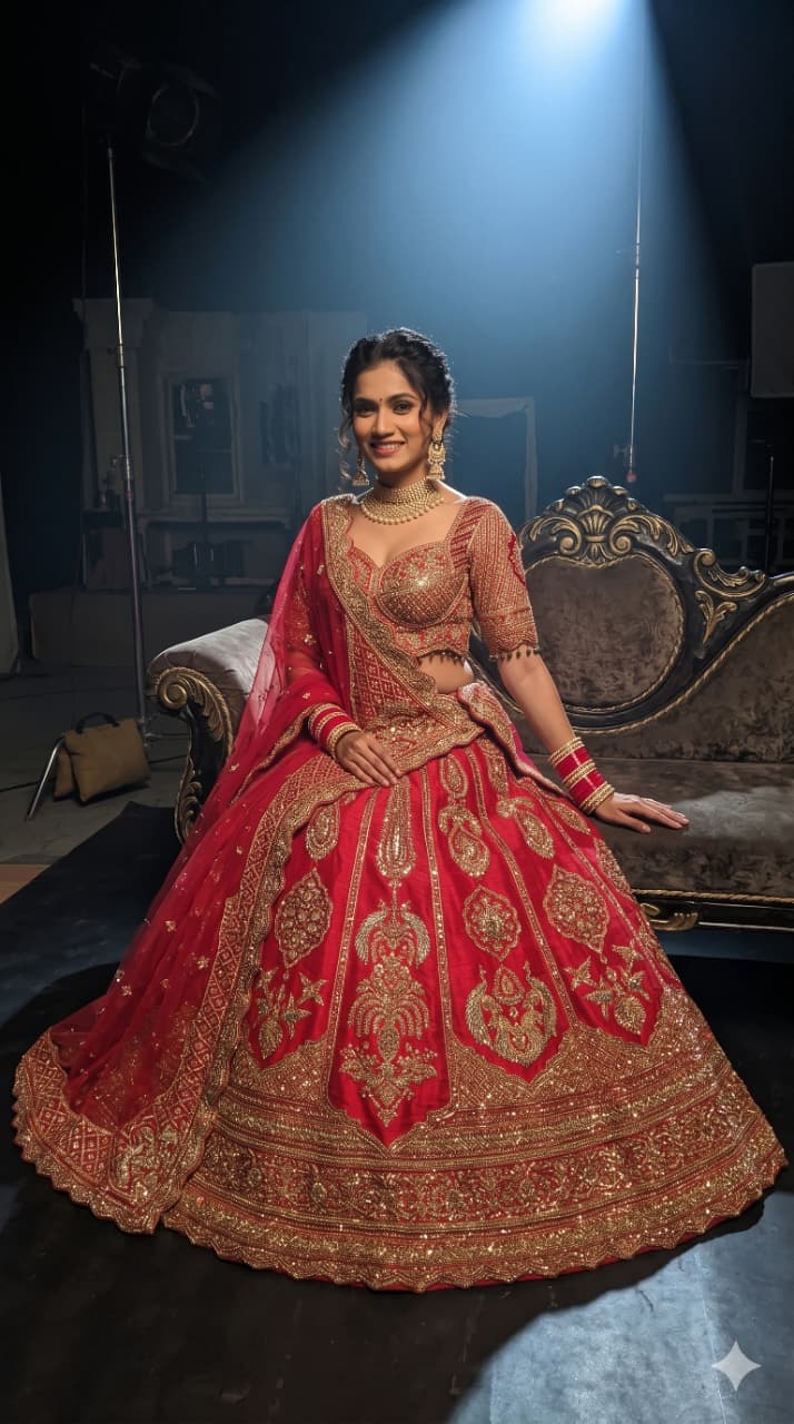 Crimson Red Silk Bridal Lehenga with Heavy Zardozi & Panel Work.