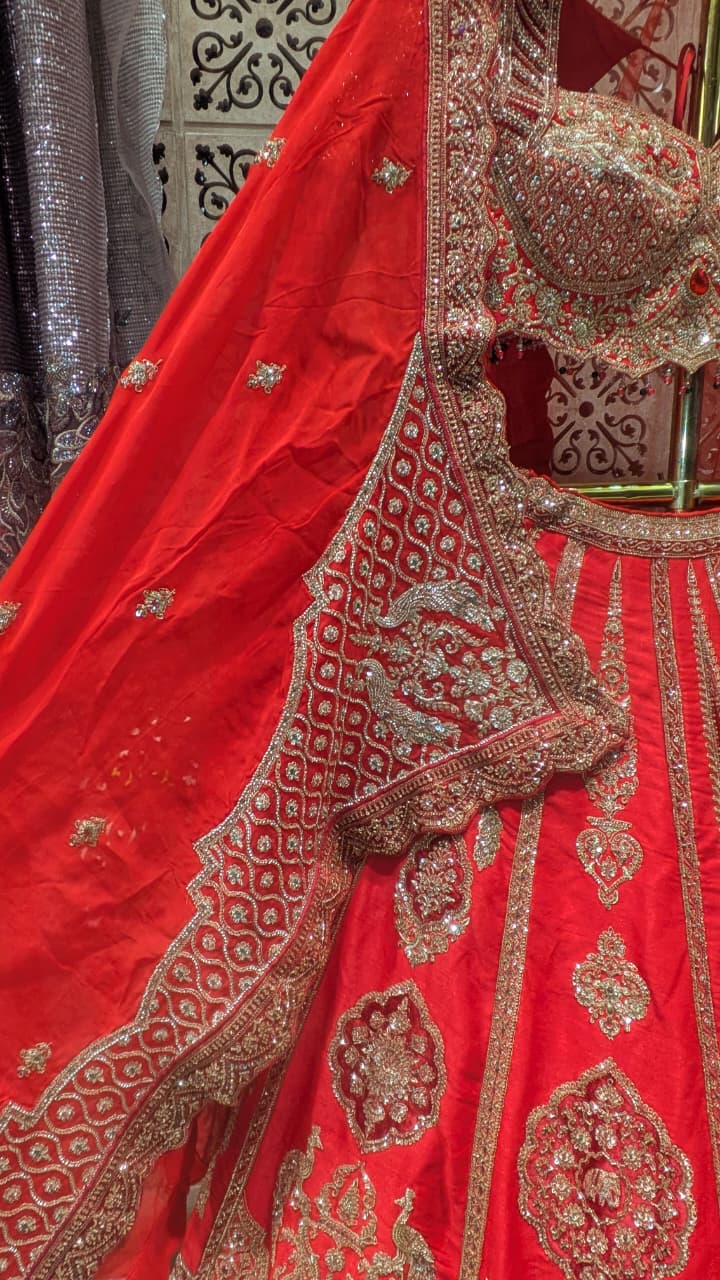 Crimson Red Silk Bridal Lehenga with Heavy Zardozi & Panel Work.