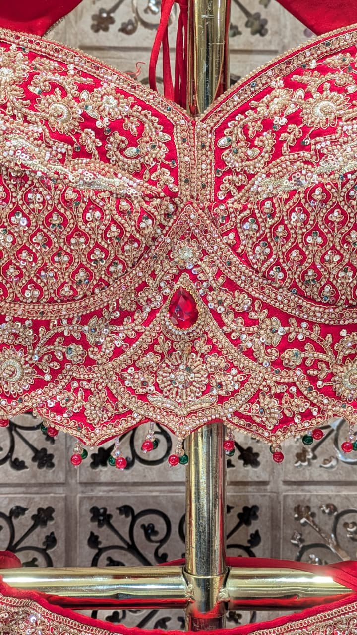 Crimson Red Silk Bridal Lehenga with Heavy Zardozi & Panel Work.