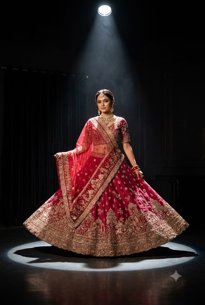 Premium Fuchsia-Maroon Bridal Lehenga with Detailed Scalloped Borders.