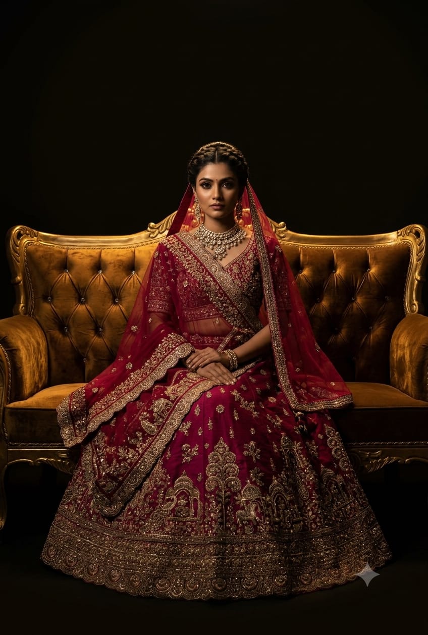 Premium Fuchsia-Maroon Bridal Lehenga with Detailed Scalloped Borders.