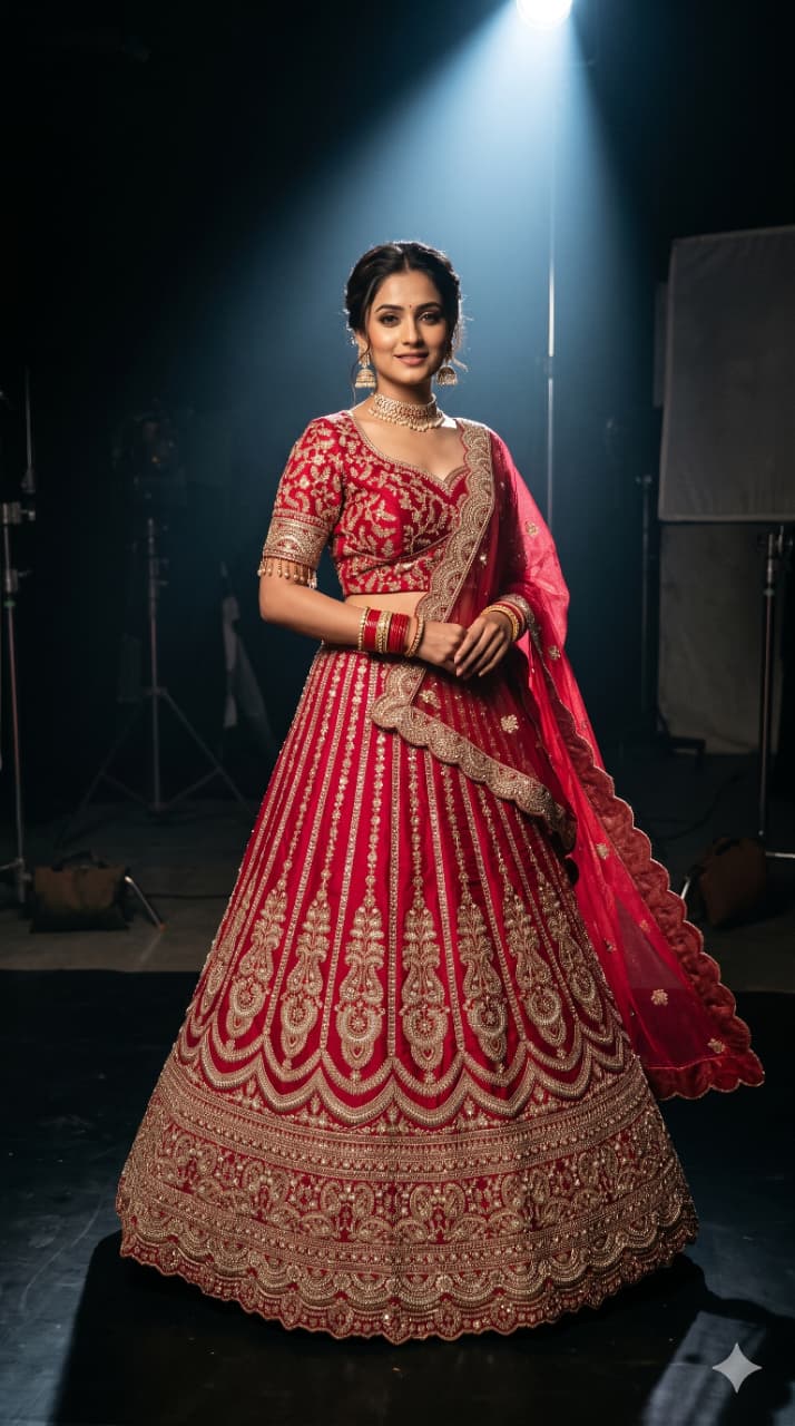 Unstitched Crimson Red Silk Bridal Lehenga with Scalloped Archway Borders.