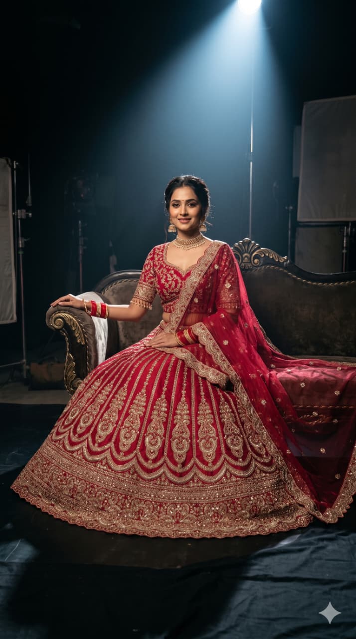 Unstitched Crimson Red Silk Bridal Lehenga with Scalloped Archway Borders.