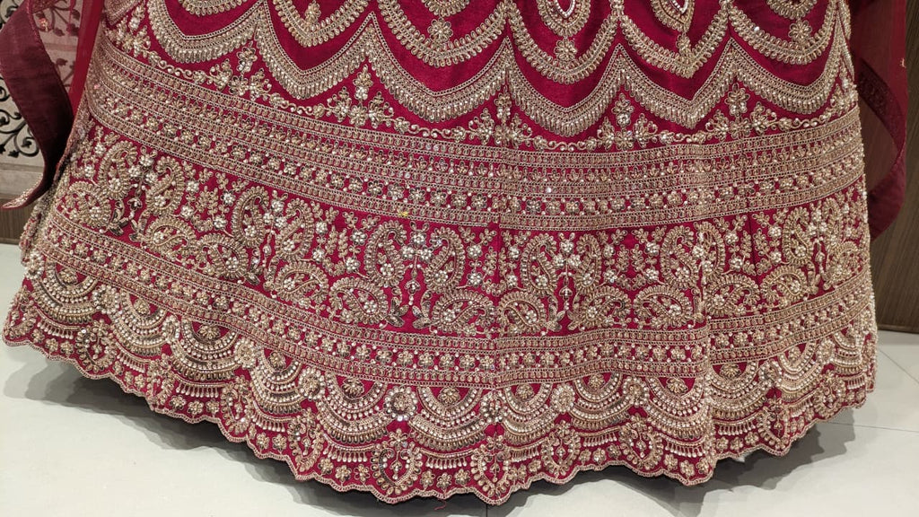 Unstitched Crimson Red Silk Bridal Lehenga with Scalloped Archway Borders.
