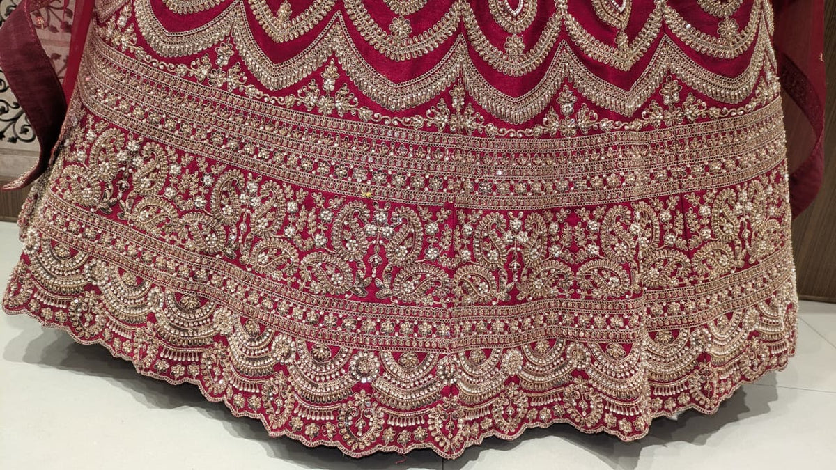 Unstitched Crimson Red Silk Bridal Lehenga with Scalloped Archway Borders.