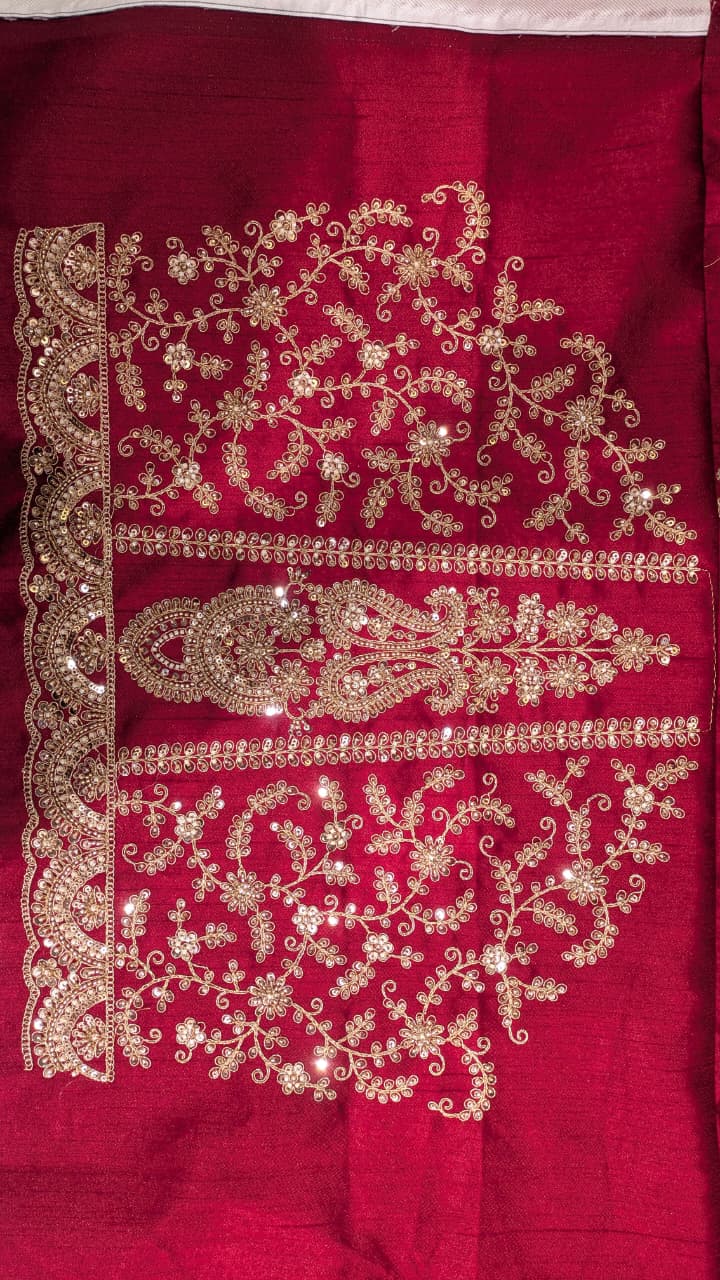 Unstitched Crimson Red Silk Bridal Lehenga with Scalloped Archway Borders.