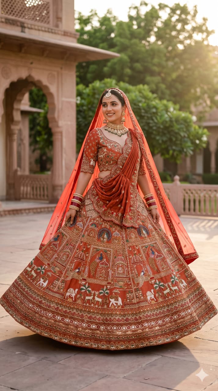 Unstitched Rust-Orange & Crimson Silk Bridal Lehenga with Pichwai Motif Hand Embroidery.