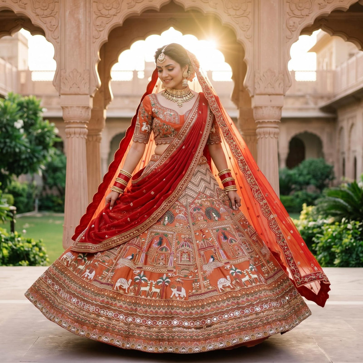 Unstitched Rust-Orange & Crimson Silk Bridal Lehenga with Pichwai Motif Hand Embroidery.